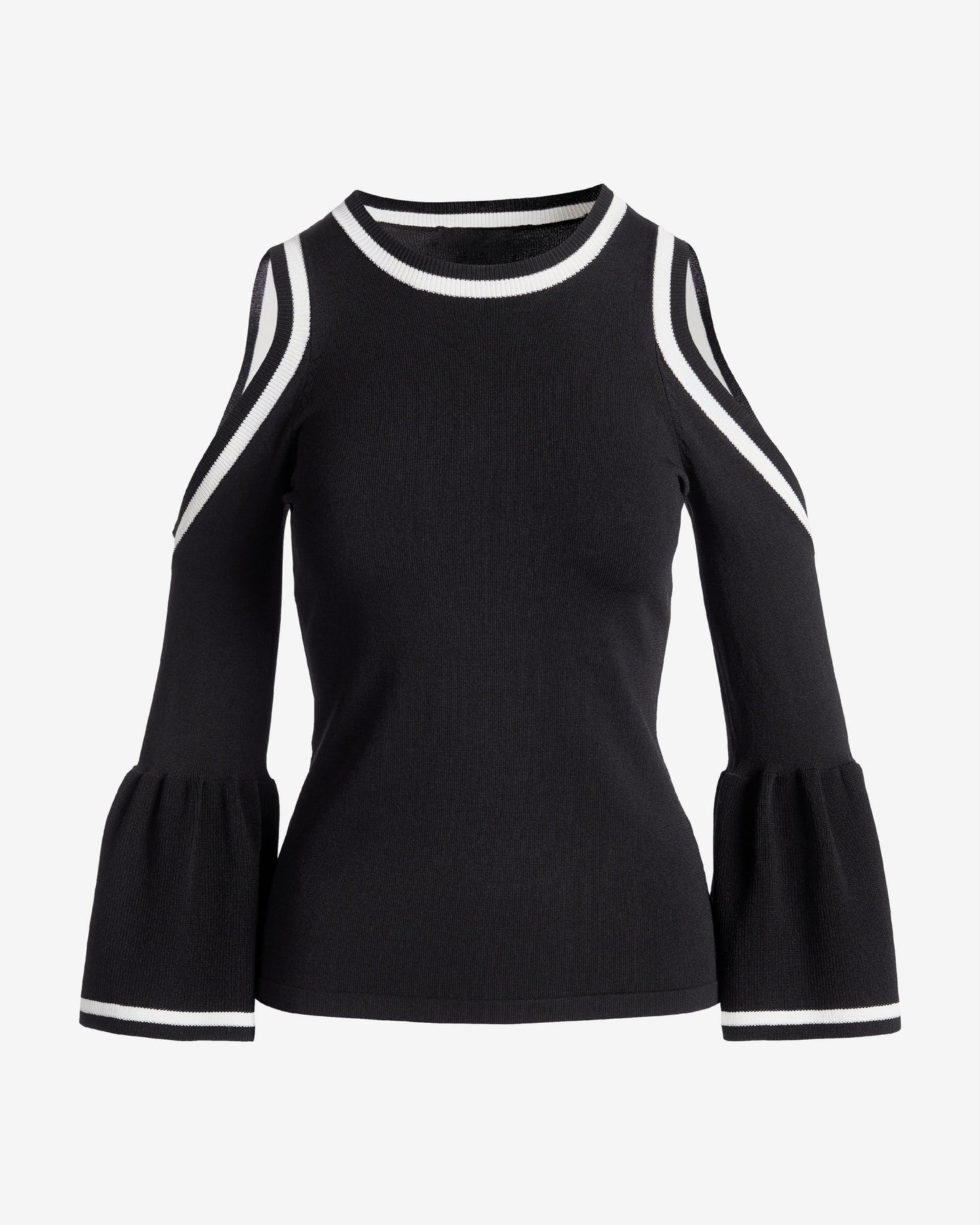 Color Block Cold Shoulder Ruffle Sleeve Sweater Black/White
