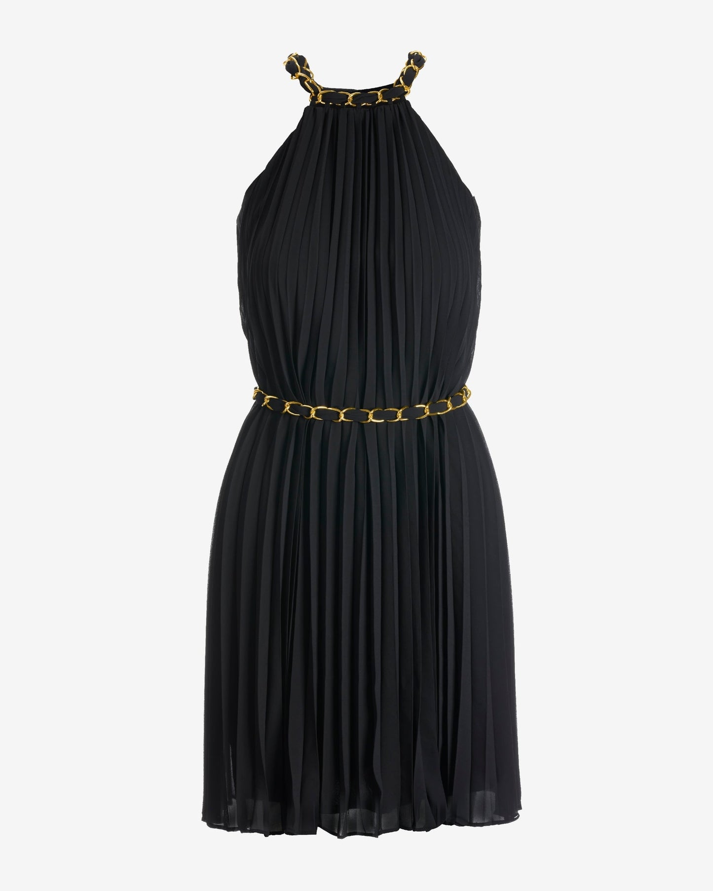 Chain Detail High neck Pleated Fit and Flare Dress Black