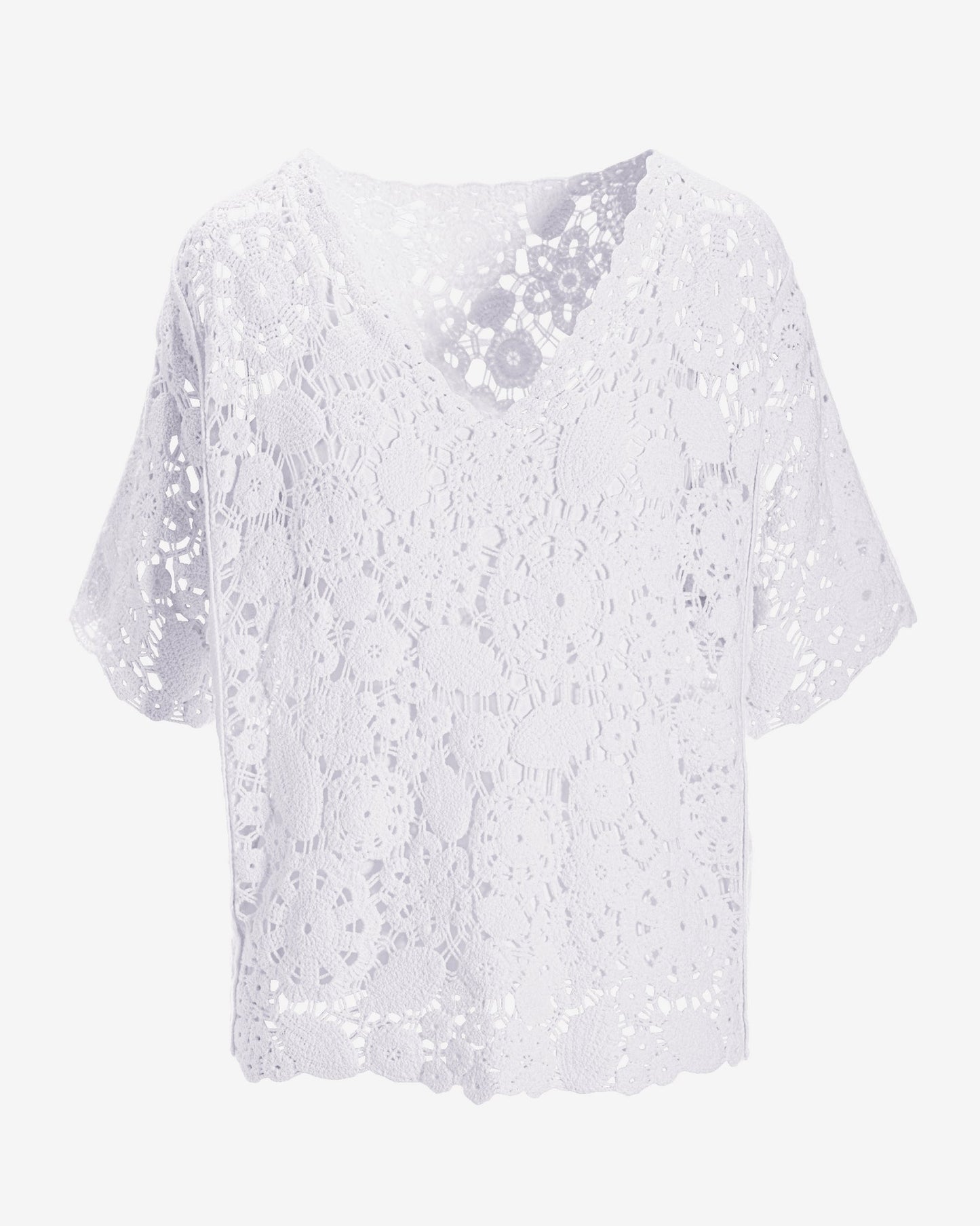 Crochet Effortless V Neck Short Sleeve Sweater White