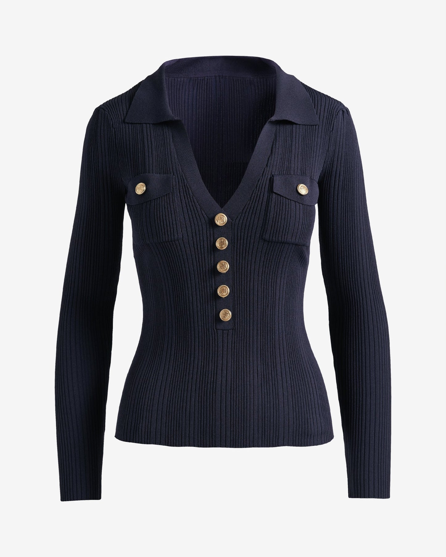 Crested Button Collared Rib Sweater Top Navy