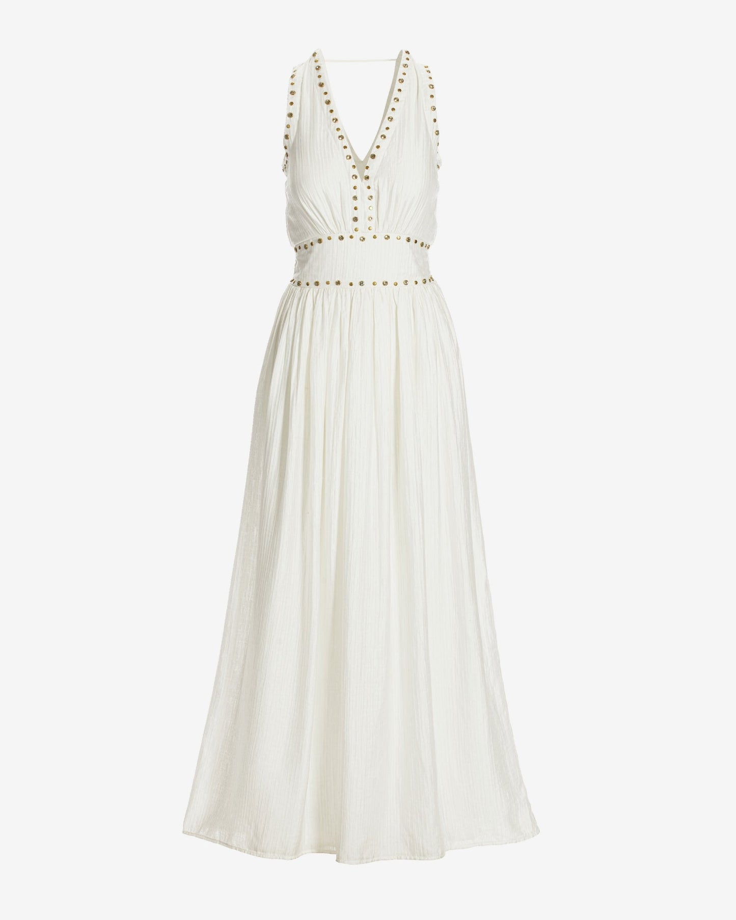 Crystal Grommet Trim Sheen Gauze Maxi Dress Off White