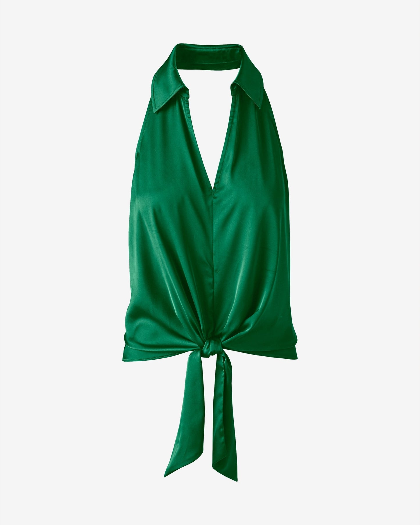 Collared Halter Tie Front Charmeuse Top Monaco Green