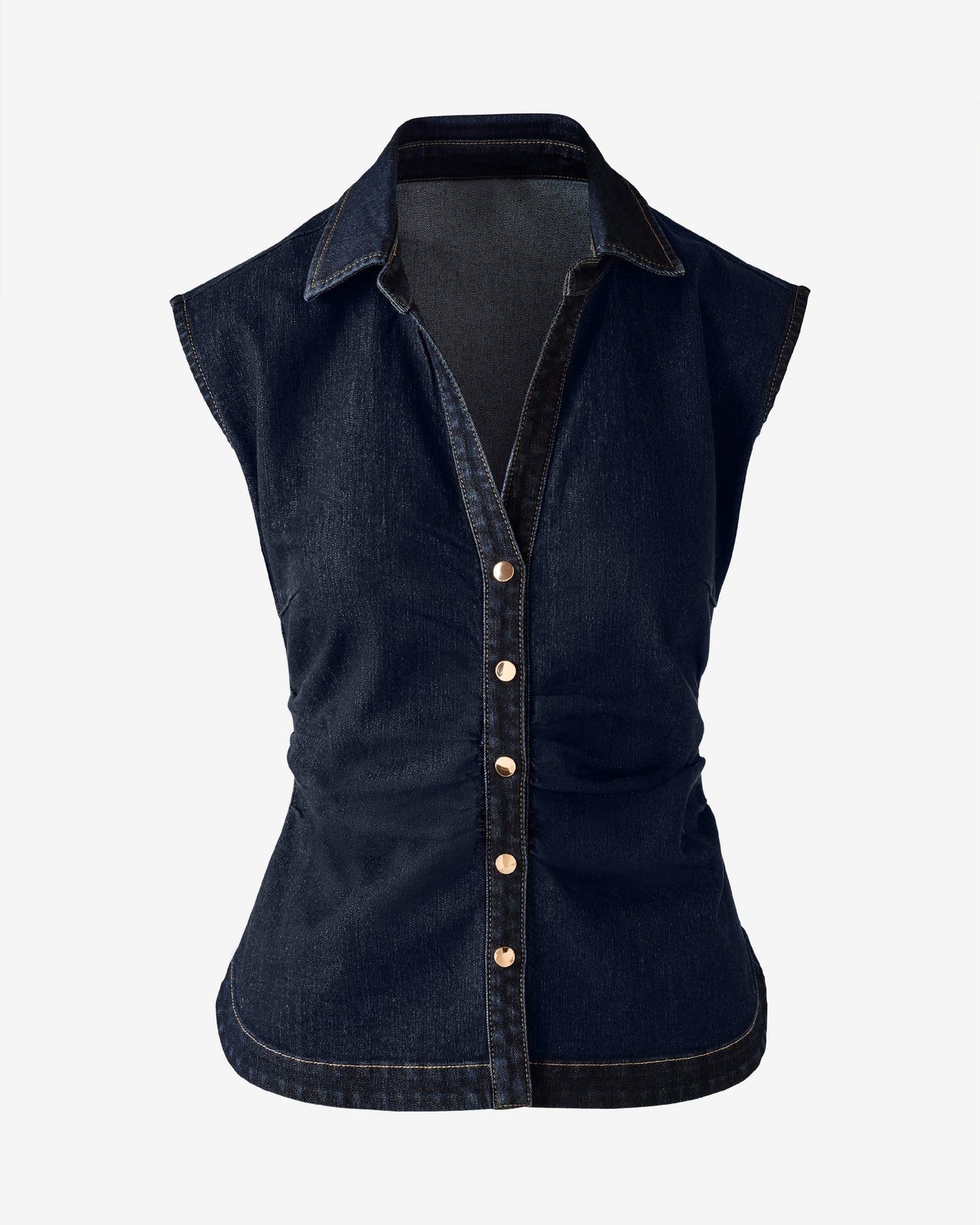Denim Ruched Cap Sleeve Shirt Dark Rinse