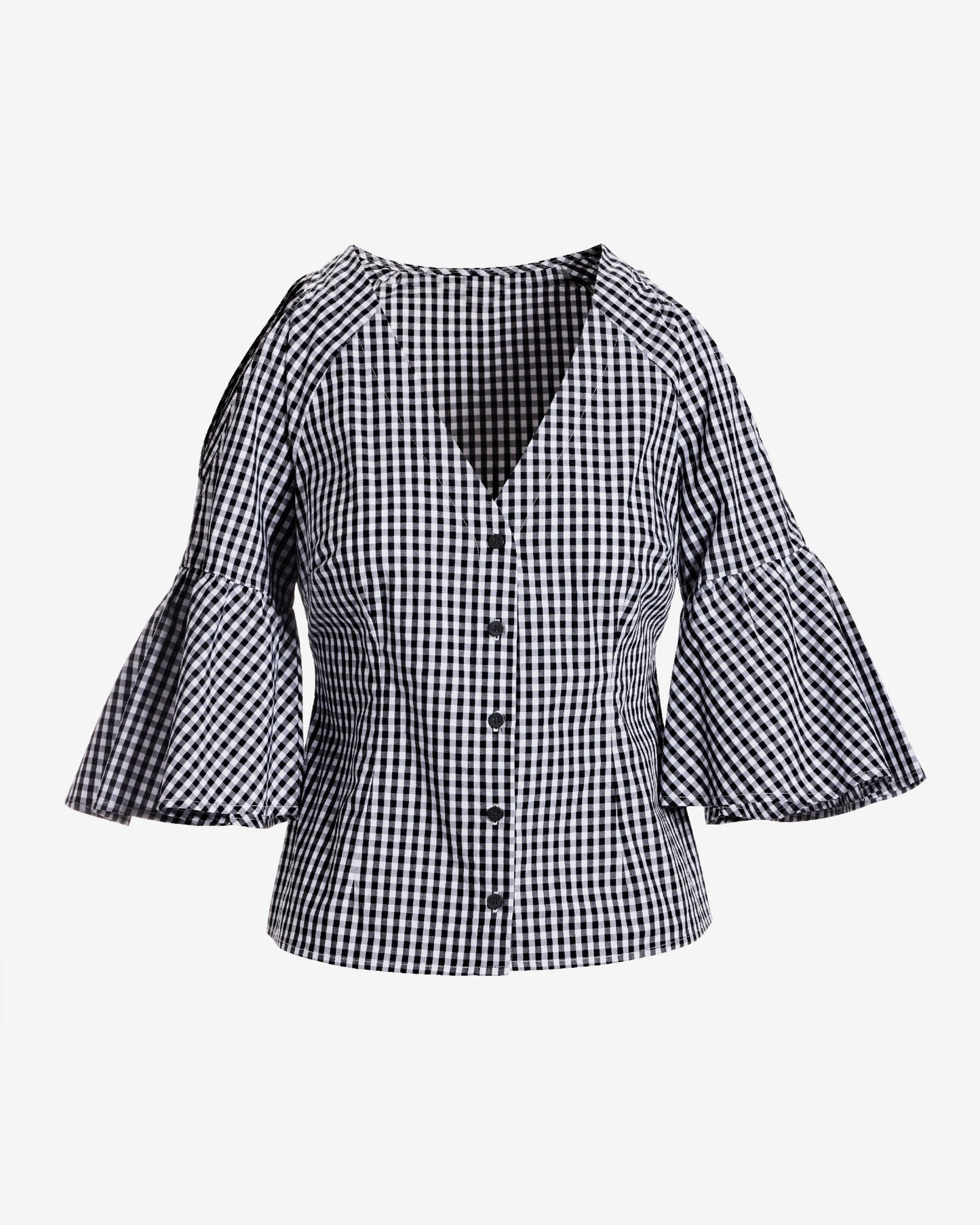Cold Shoulder Print Button Up Top Black/White Gingham