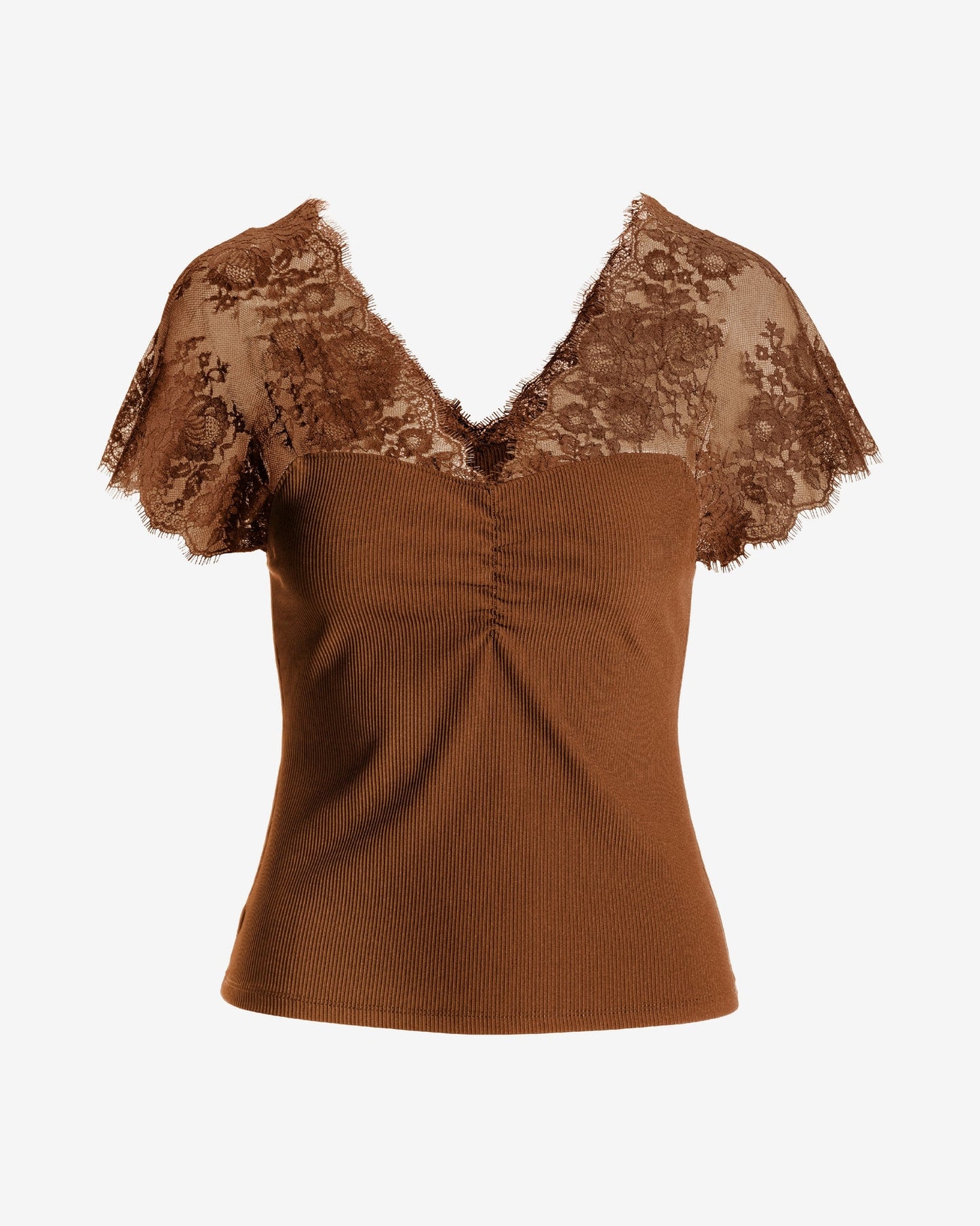Delicate Lace and Slink Rib Knit Top Tortoise Shell