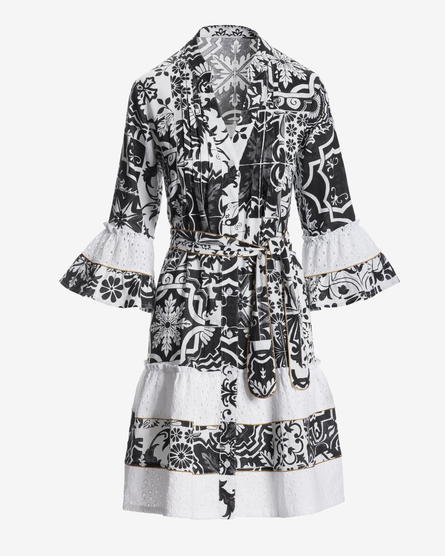 Chic Tiles Print Eyelet-Inset Tiered A-Line Dress Black/White