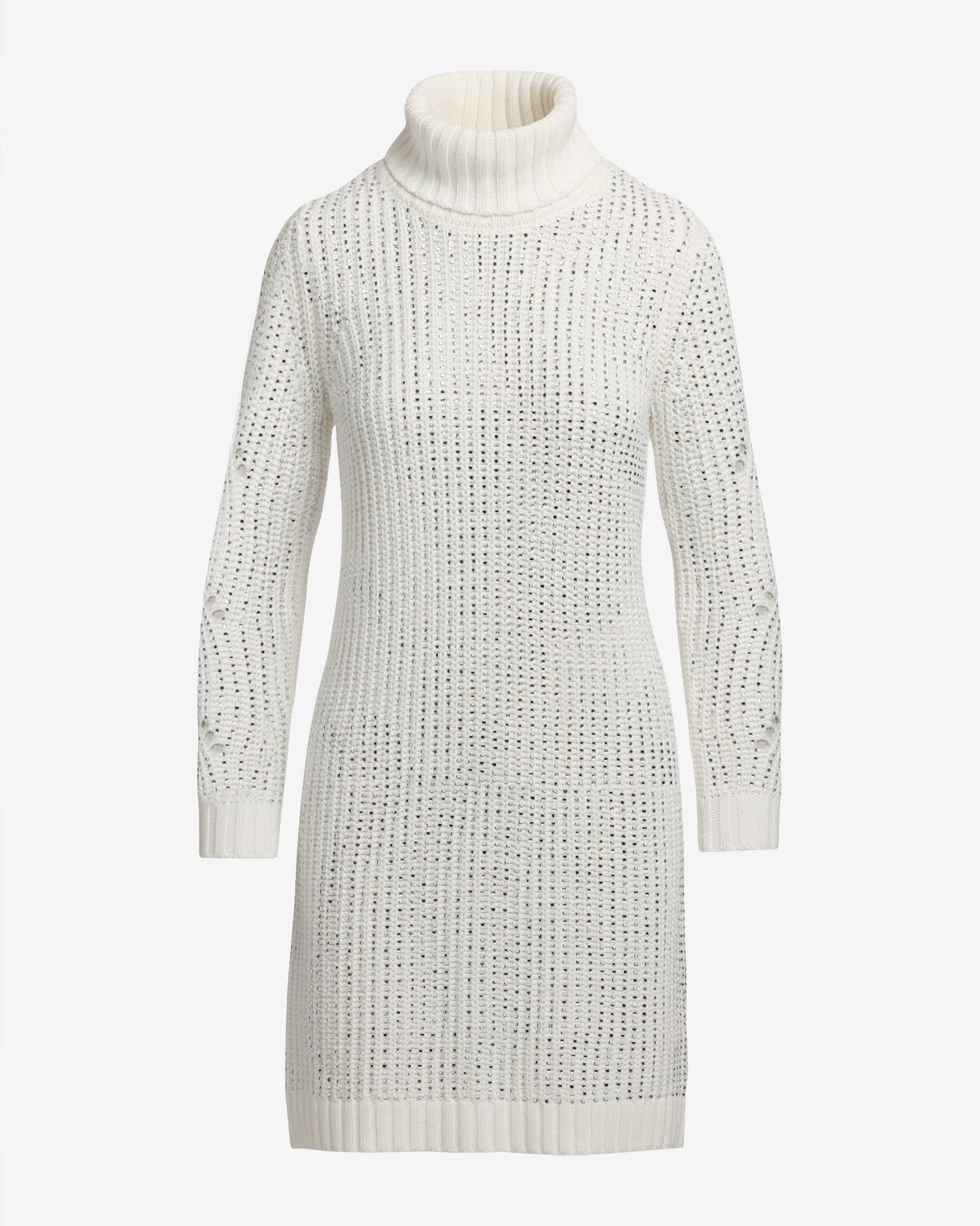 Crystal Embellished Turtleneck Sweater Dress Off White