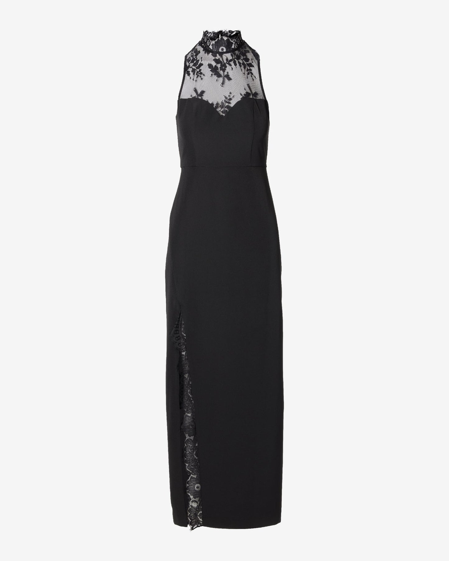 Delicate Lace Mock Neck Slit Maxi Dress Black