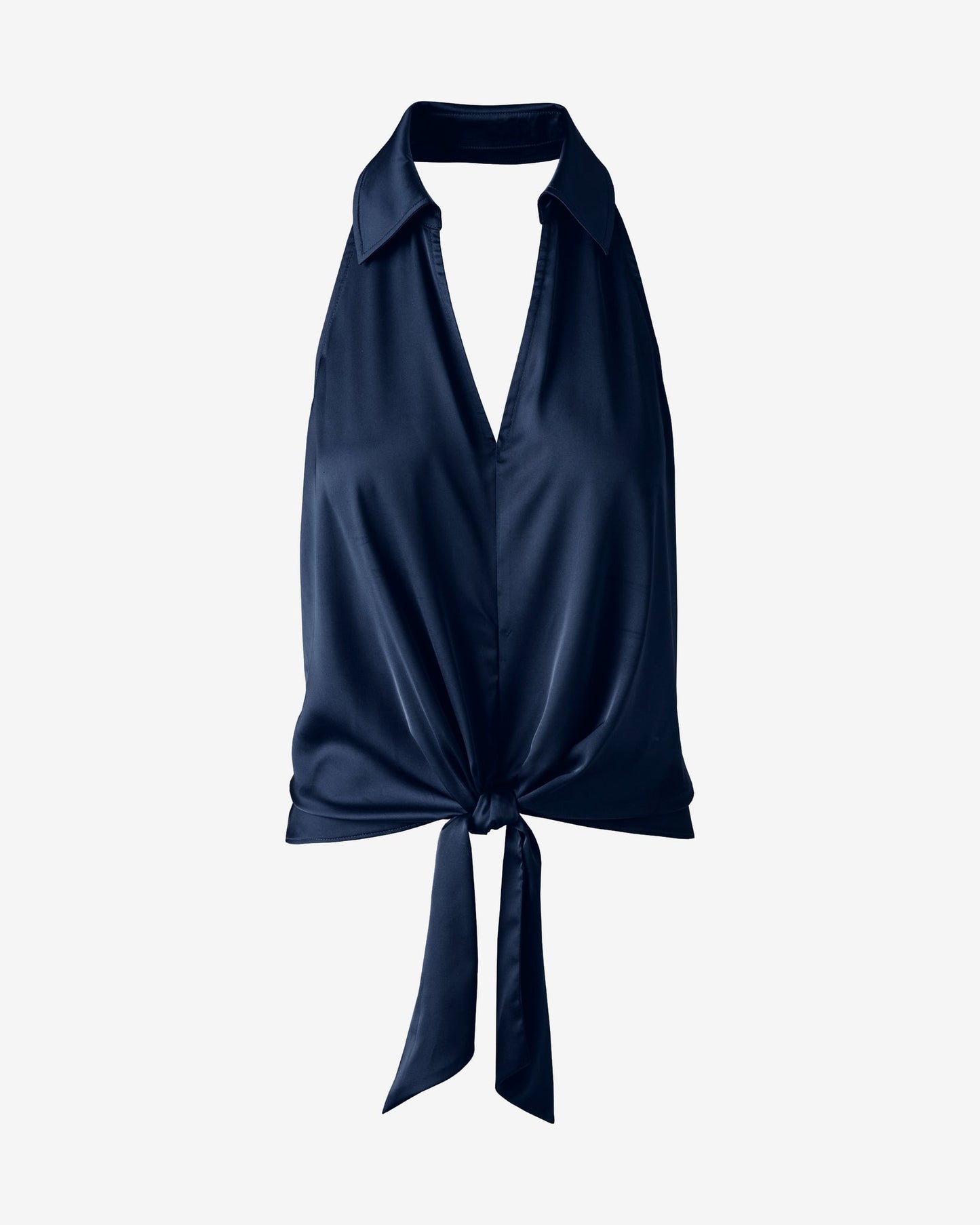 Collared Halter Tie Front Charmeuse Top Navy