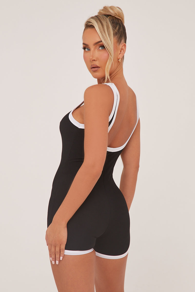 Black Contrast Binding Scoop Neck Unitard - Myra