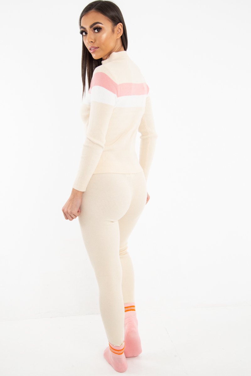 Beige Rib Knit Colour Block Loungewear Set - Jaysie