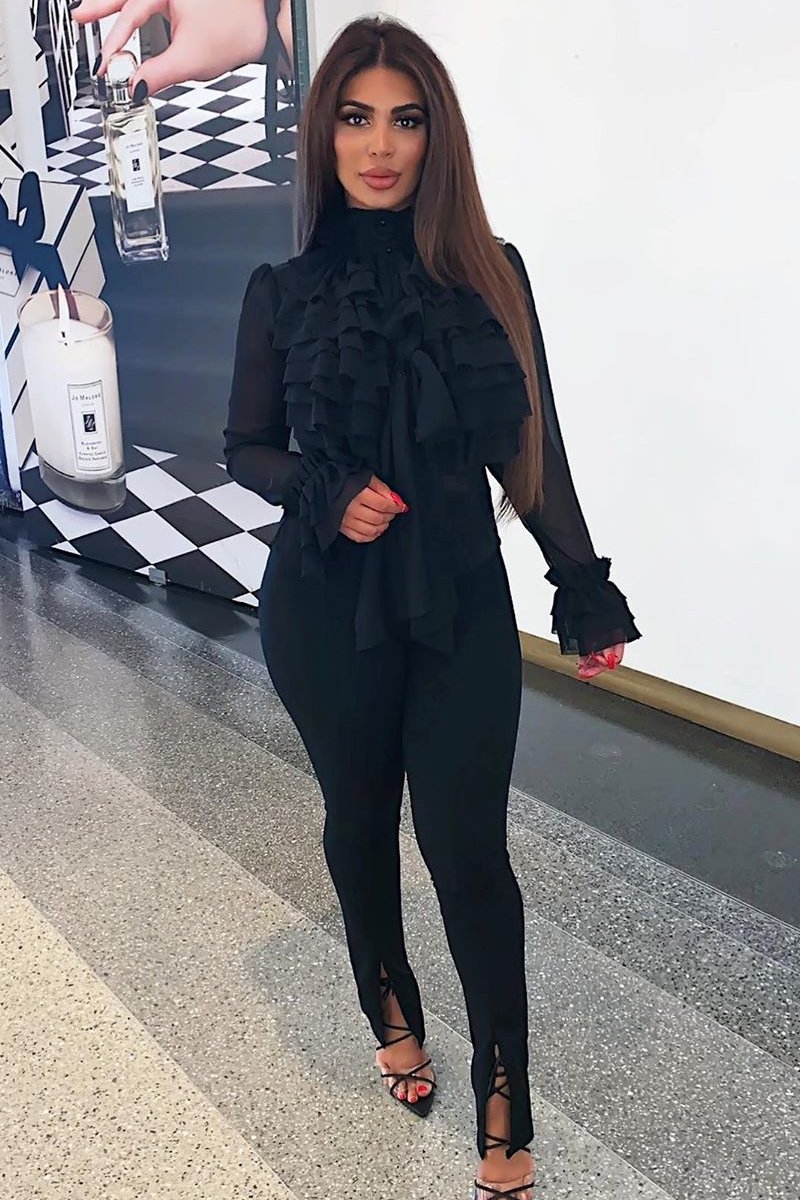 Black Crepe Ruffle High Neck Shirt - Honey