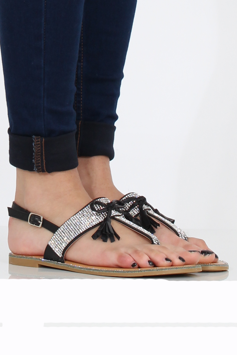 Black Diamante Bow Detail Sandals- Tereza