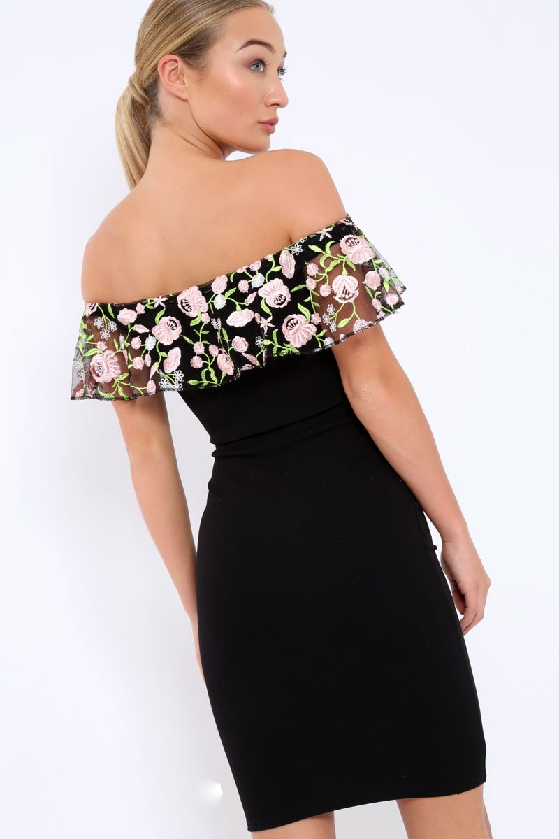 Black Embroidered Bardot Bodycon Dress - Jaxie
