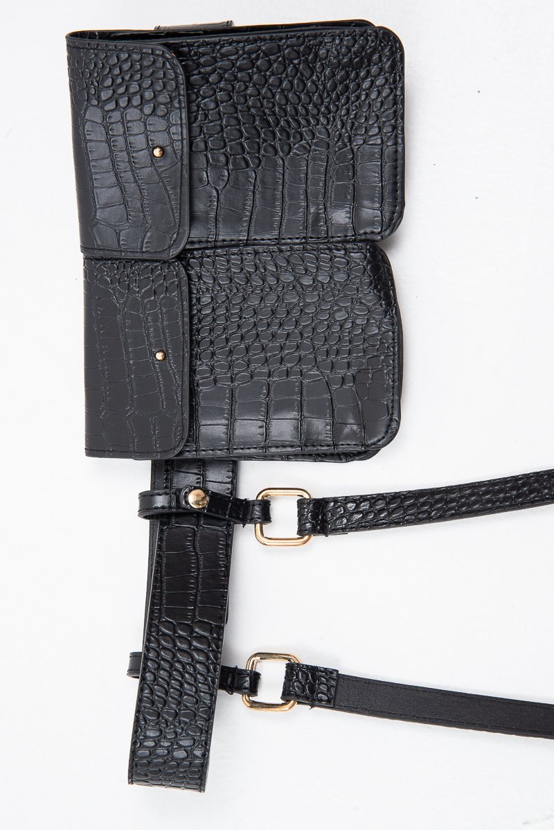 Black Faux Croc Double Pouch Belt Bag - Raffaela