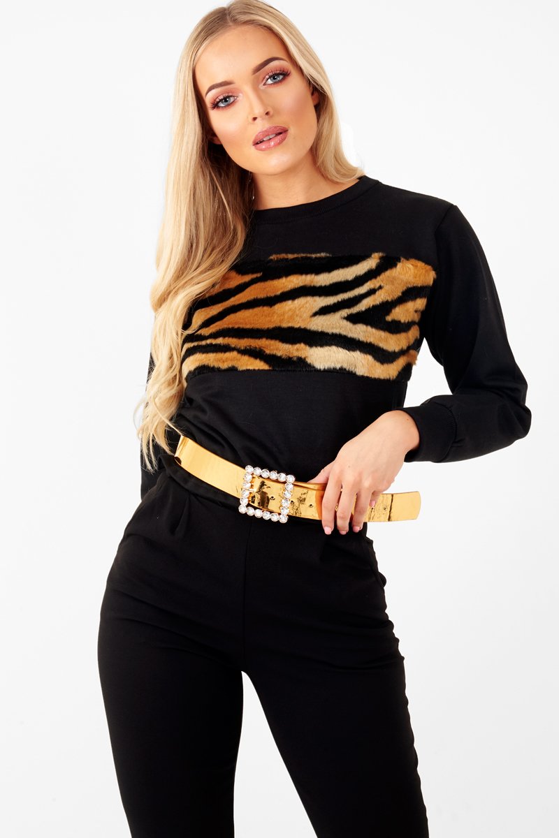 Black Faux Fur Tiger Print Front Cropped Jumper - Suzie