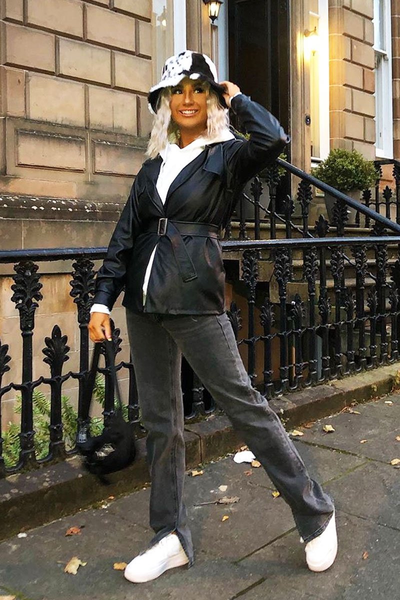 Black Faux Leather Belted Blazer Jacket - Lissa