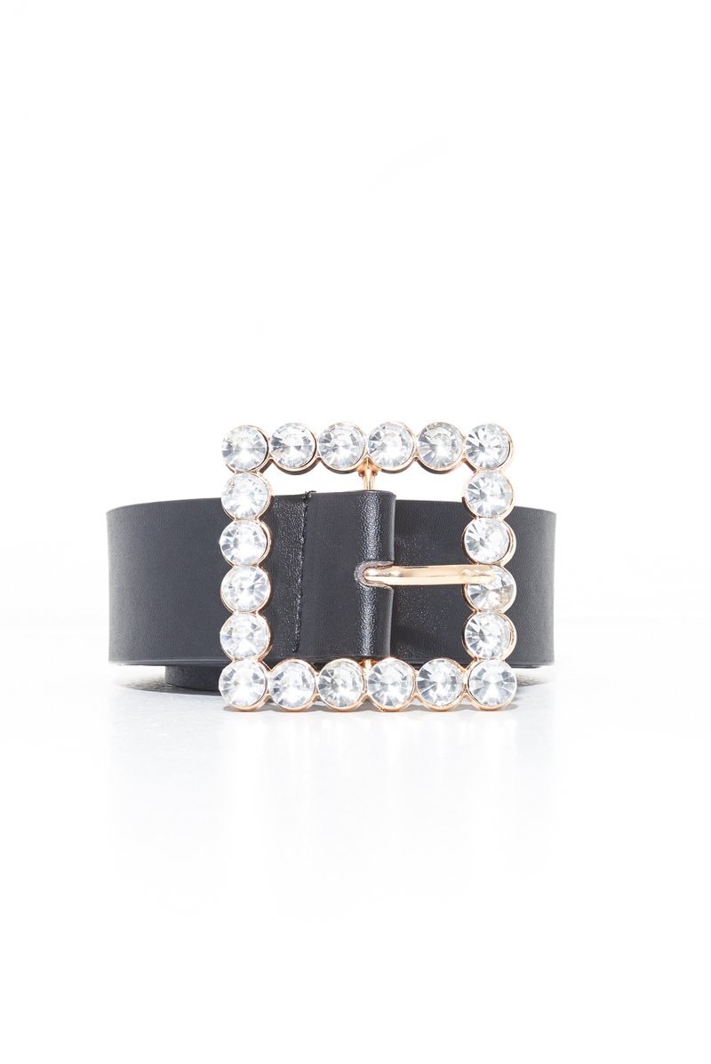 Black Faux Leather Embellished Buckle Belt - Oneita