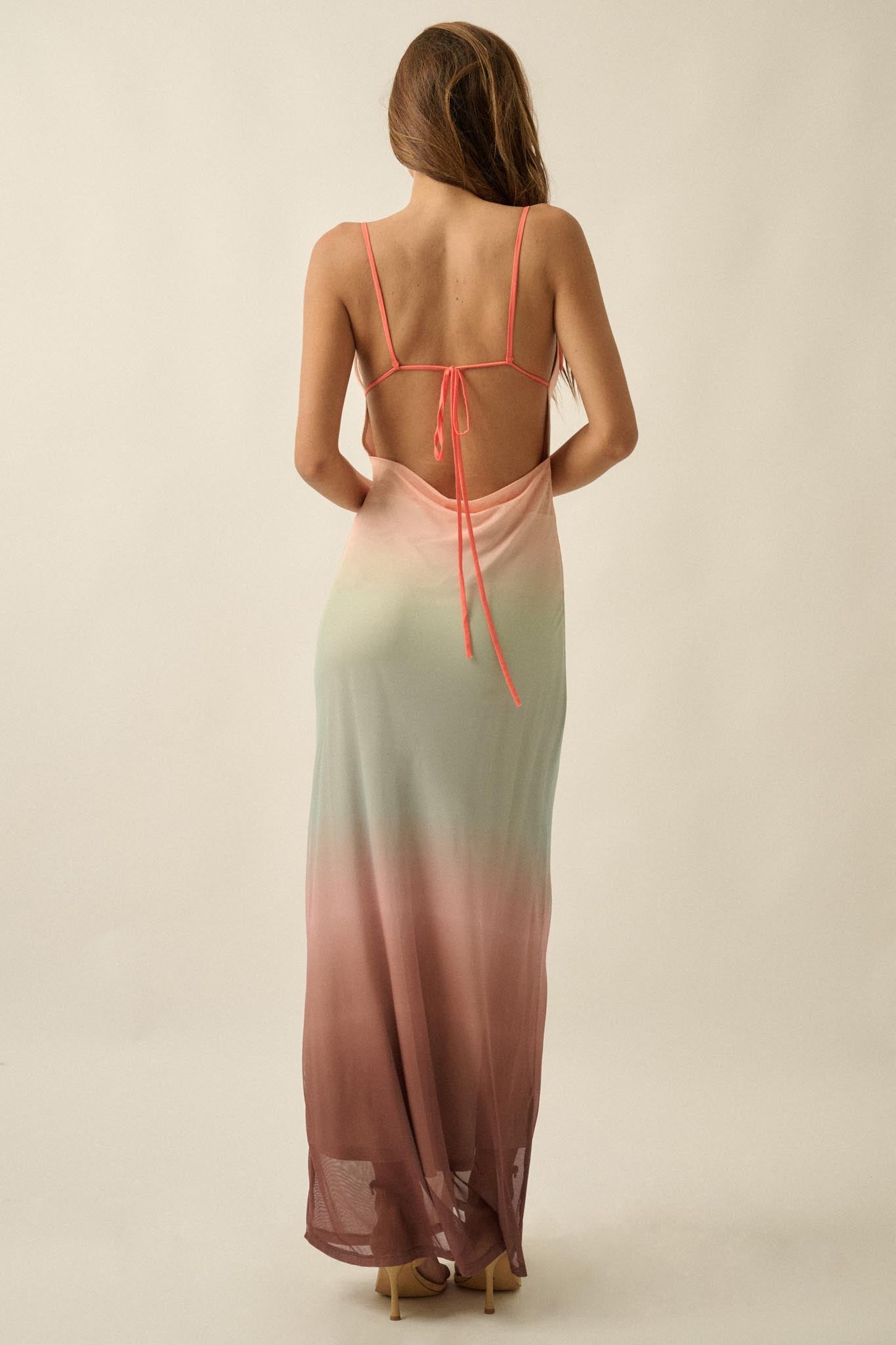 Sunset Symphony Ombre Mesh Cowl-Neck Maxi Dress