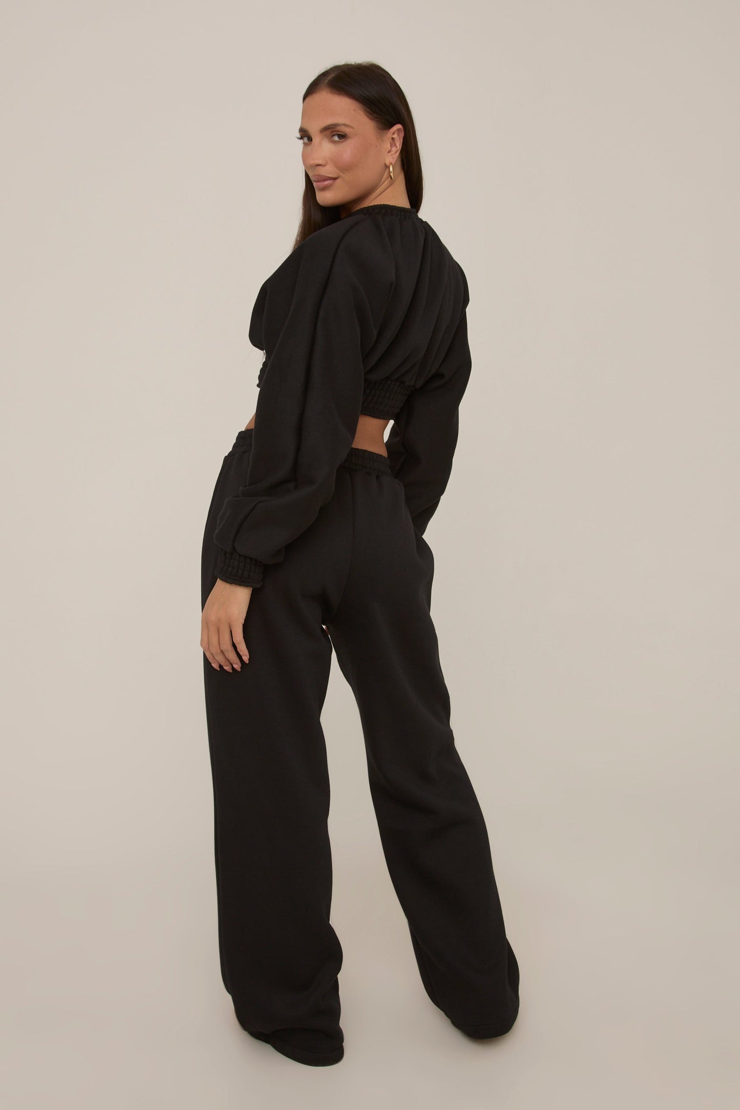 Black Crop Sweater and Wide Leg Jogger Set - Enya