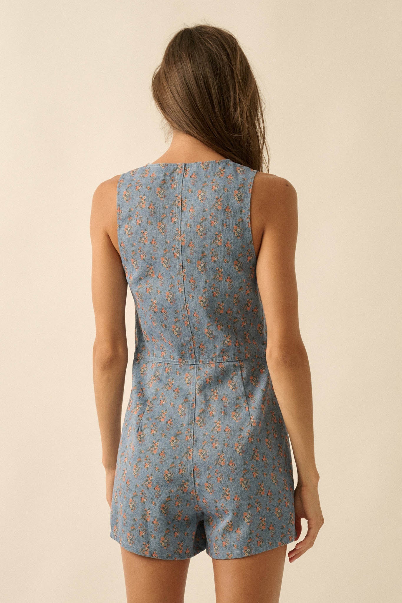 Twill Garden Floral-Print Denim Vest Romper