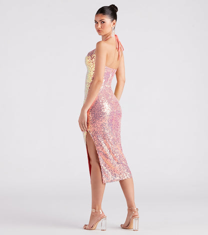 Avery Formal Sequin Cowl Halter Midi Dress