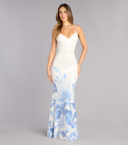 Annie Sequin Floral Lace-Up Formal Dress