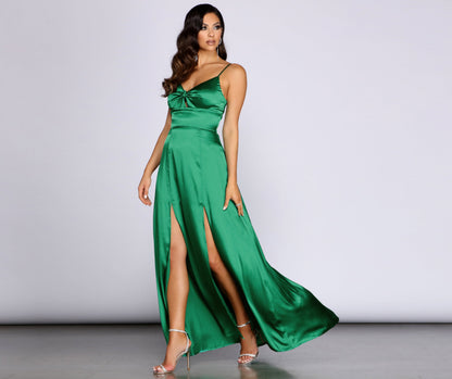 Anjolie Knot Front Satin Slit Dress