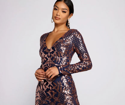 Ayla Formal Long Sleeve Sequin Scroll Dress