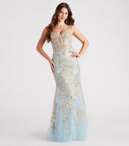 Asypn Sequin Embroidered Mesh Mermaid Dress