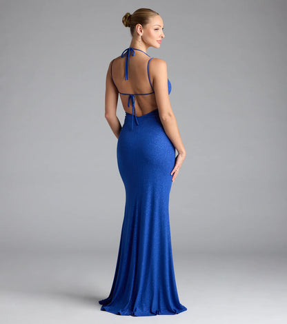 Ariadna Strappy Open Back Slit Glitter Formal Dress