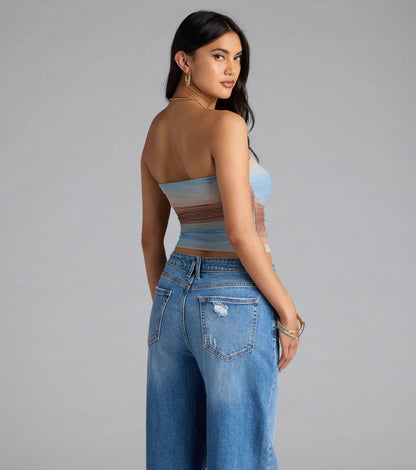 Artsy Allure Abstract Print Mesh Tube Top