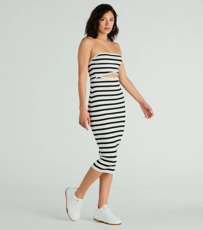 Babe In Stripes Strapless Cutout Ribbed Knit Midi Dress