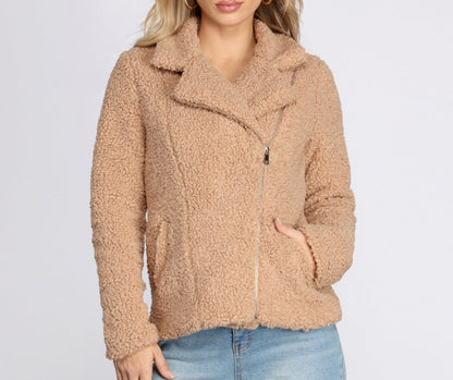 Asymmetrical Zip Front Teddy Jacket