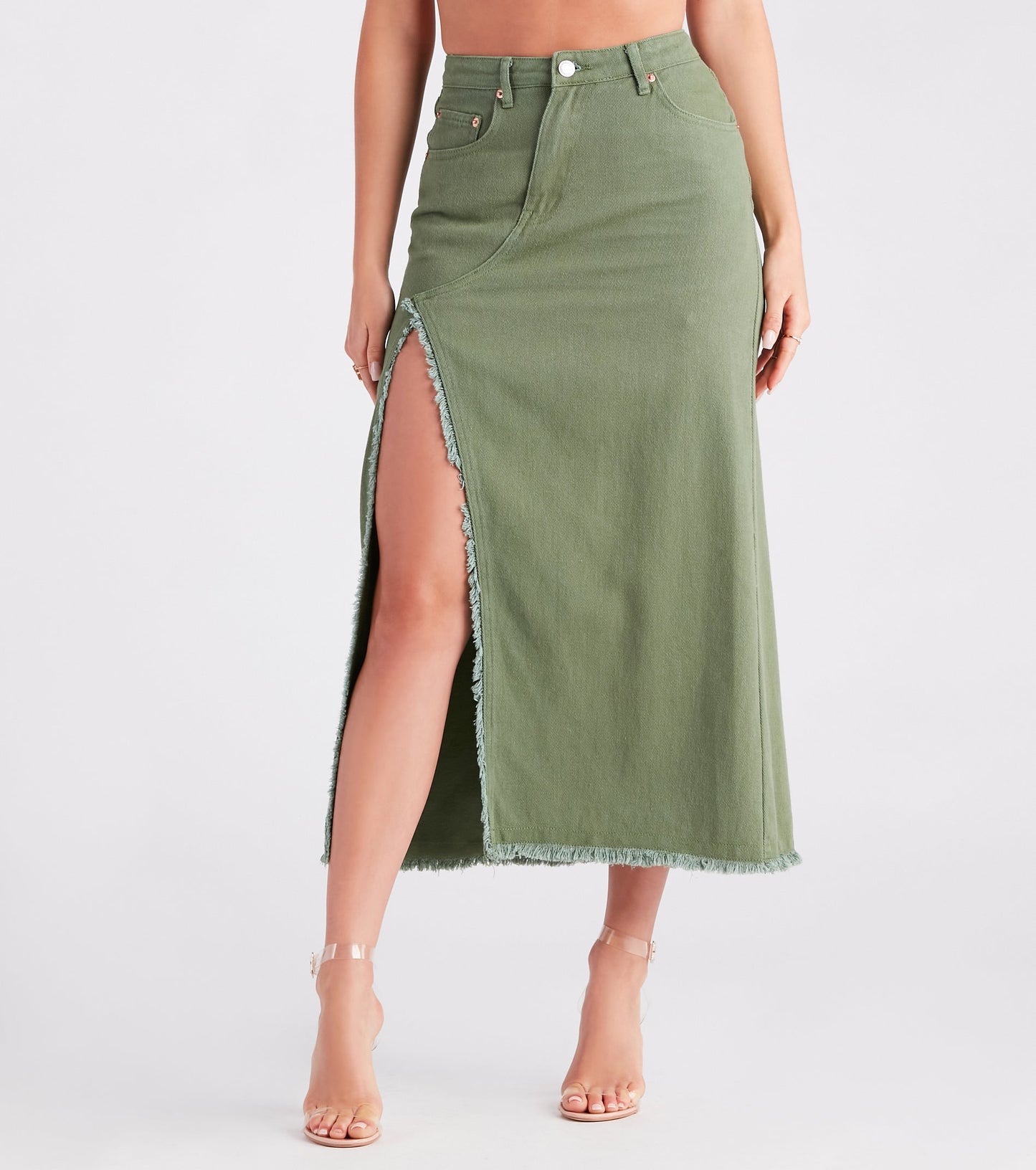 Babe In Denim High Slit Midi Skirt