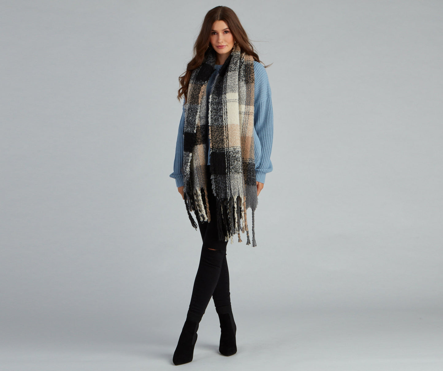 Apple Cider Plaid Noodle Fringe Scarf
