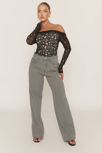 Black Contrast Lace Bandeau Bodysuit - Betania