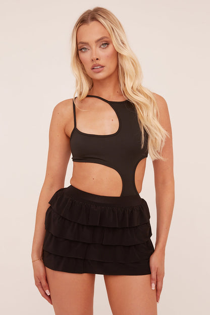 Black Cut Out Front Shoulder Straps Bodysuit - Ashely