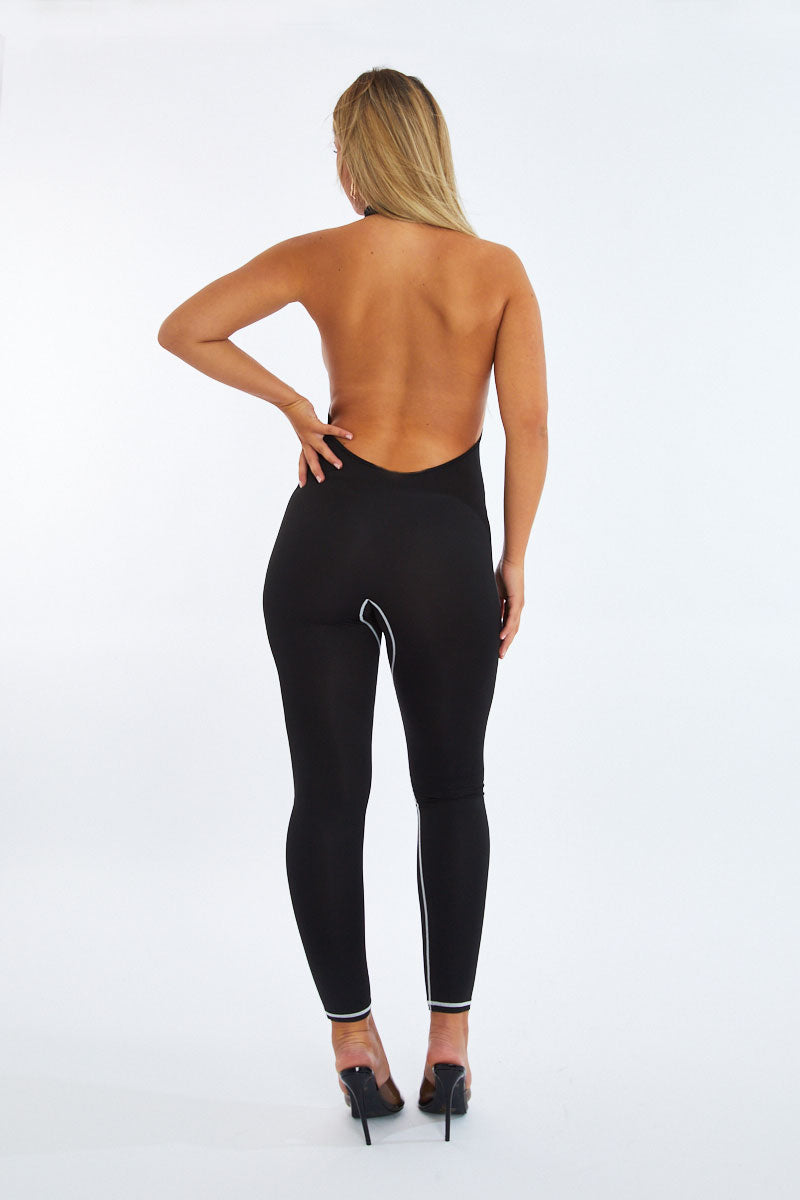 Black Contrast Stitch Detail Halter Neck Jumpsuit - Amy