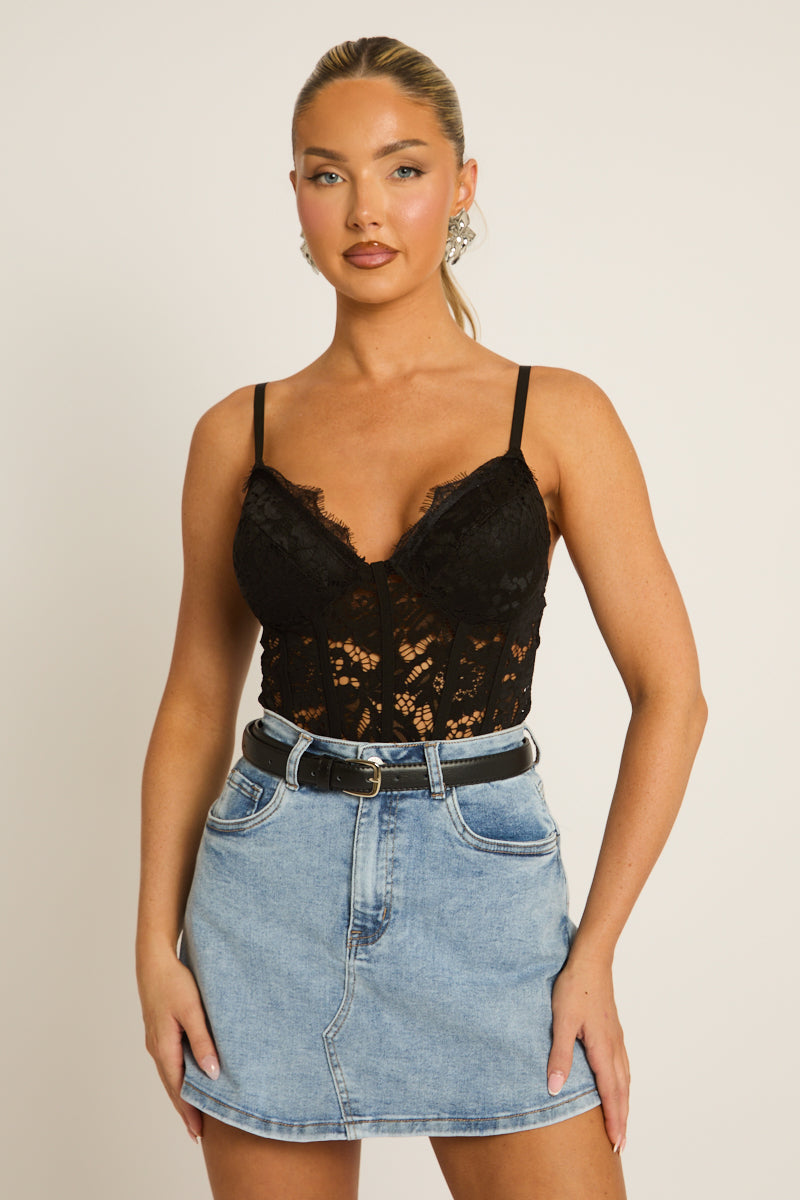 Black Faux Leather Buckle Skinny Belt - Brendon
