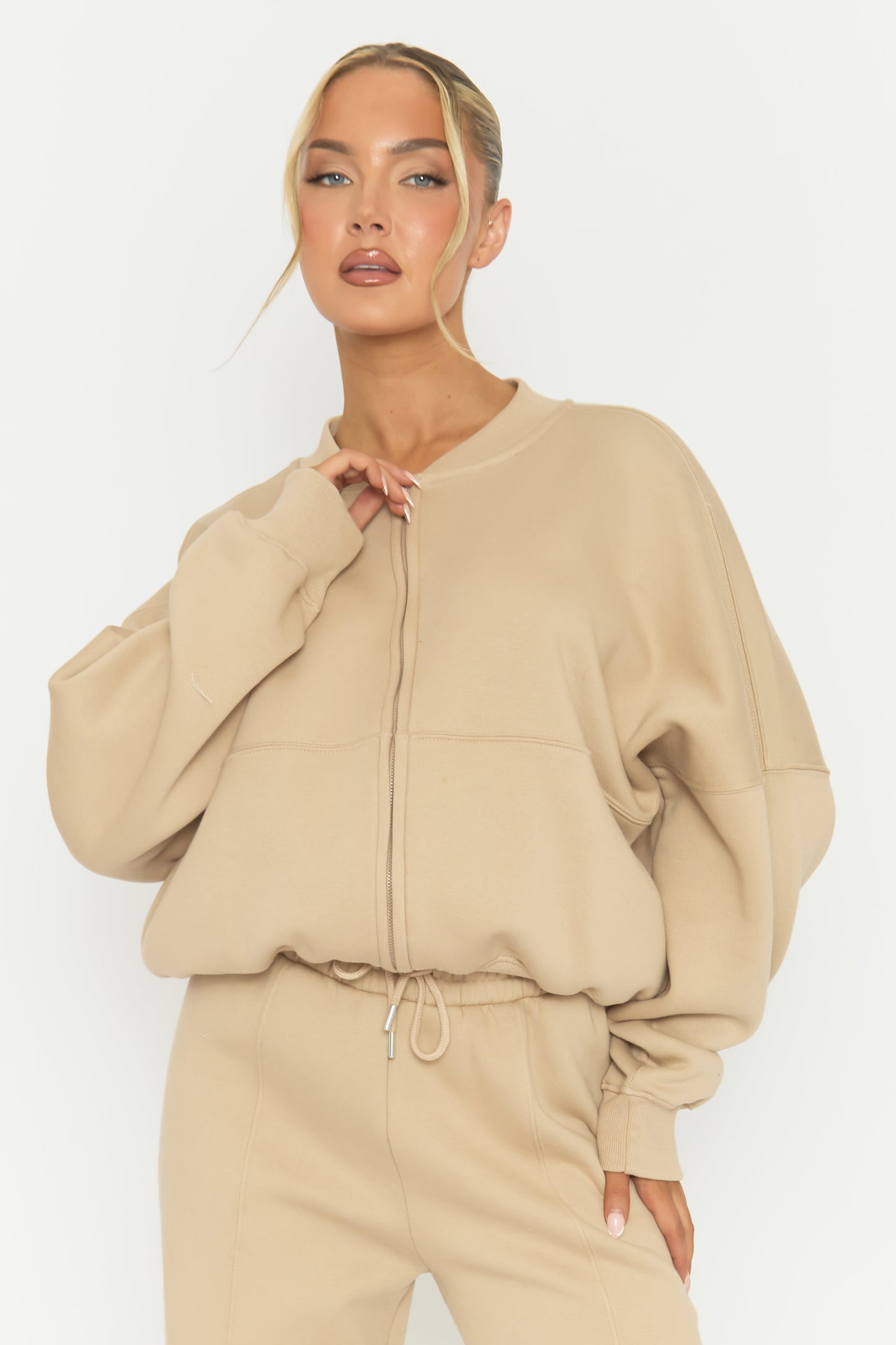 Beige Zip Front Bomber And Joggers Loungewear Co-ord Set - Sasha