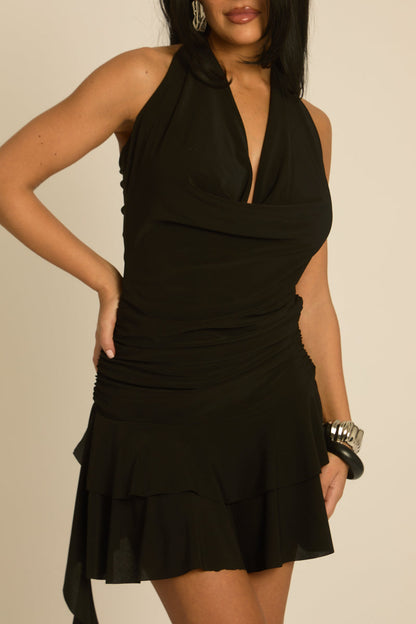 Black Cowl Asymmetric Frill Mini Dress - Arlia