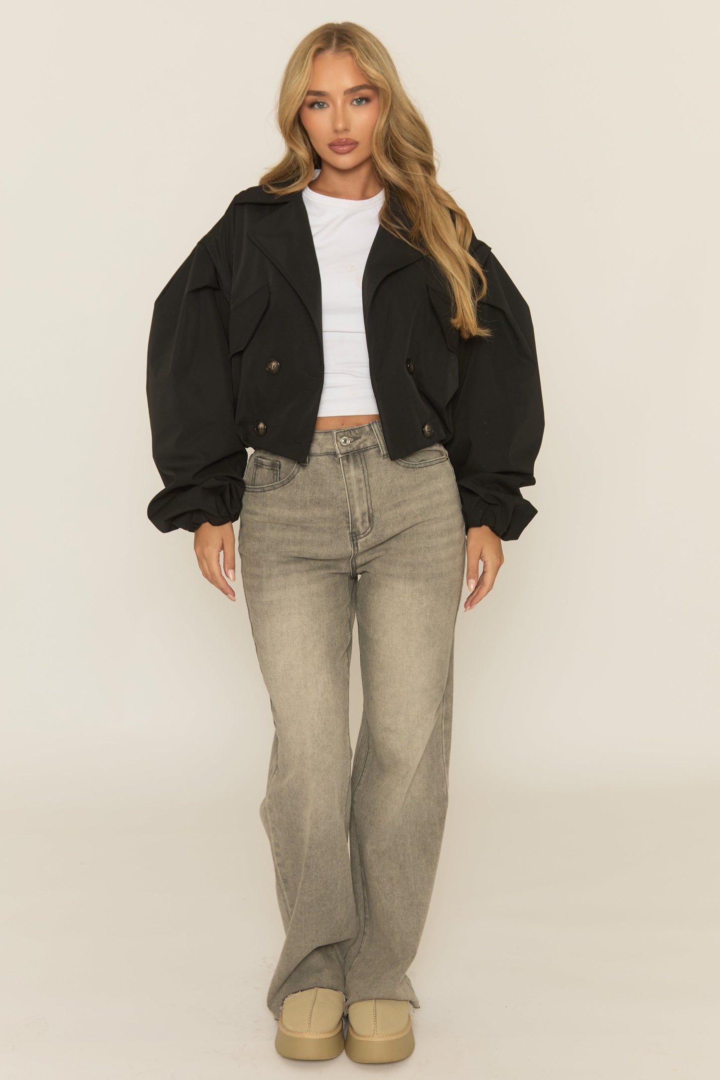 Black Double Breasted Cropped Trench Coat - Kienna