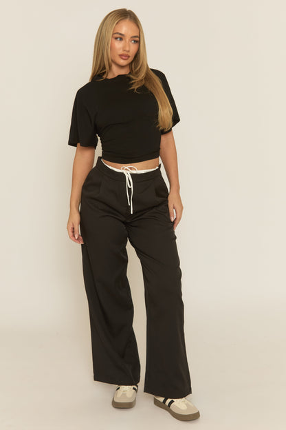 Black Contrast Waist Wide Leg Trousers - Erren