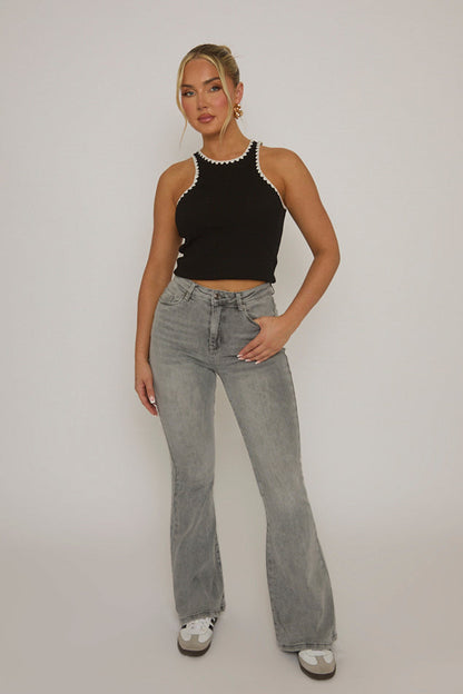 Black Contrast Stitch Rib Knit Racer Top - Orenda