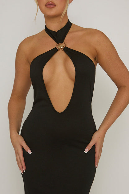 Black Cut Out Shell Trim Halter Maxi Dress - Audrey