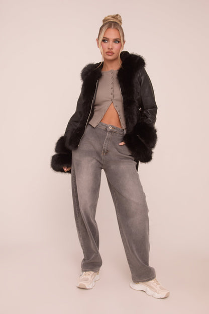 Black Faux Leather Fur Trim Jacket - Casey