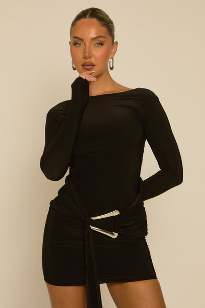 Black Drape Trim Detail Long Sleeve Mini Dress - Shen