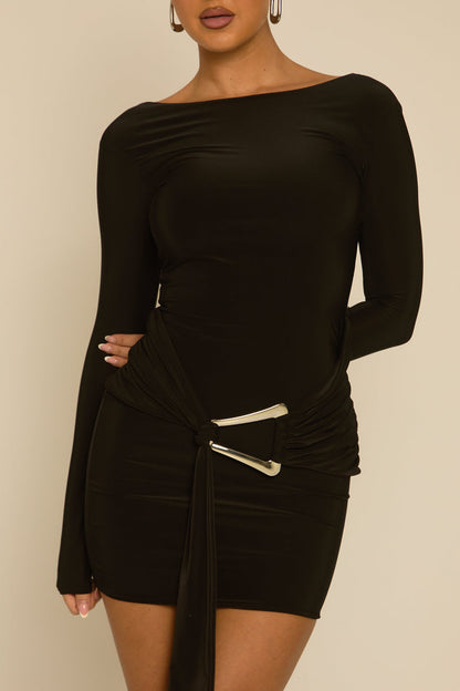 Black Drape Trim Detail Long Sleeve Mini Dress - Shen