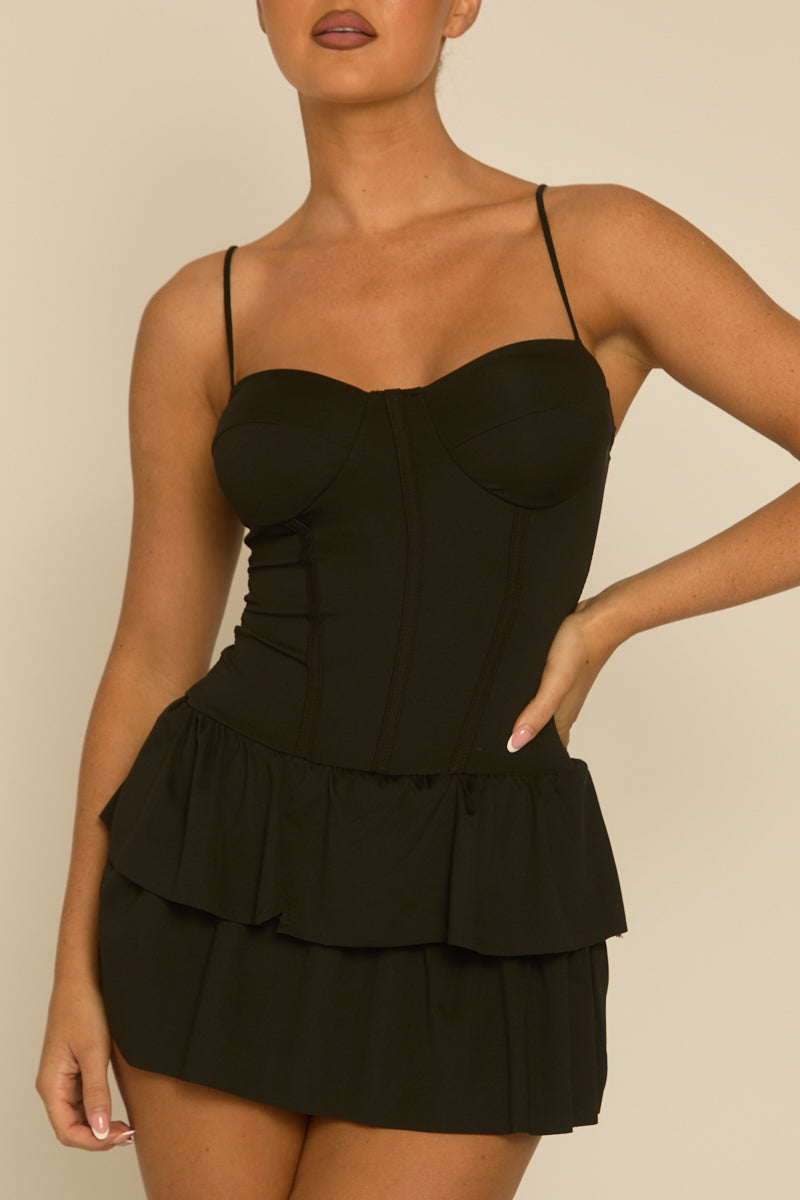 Black Corset Detail Frill Hem Playsuit - Apollo